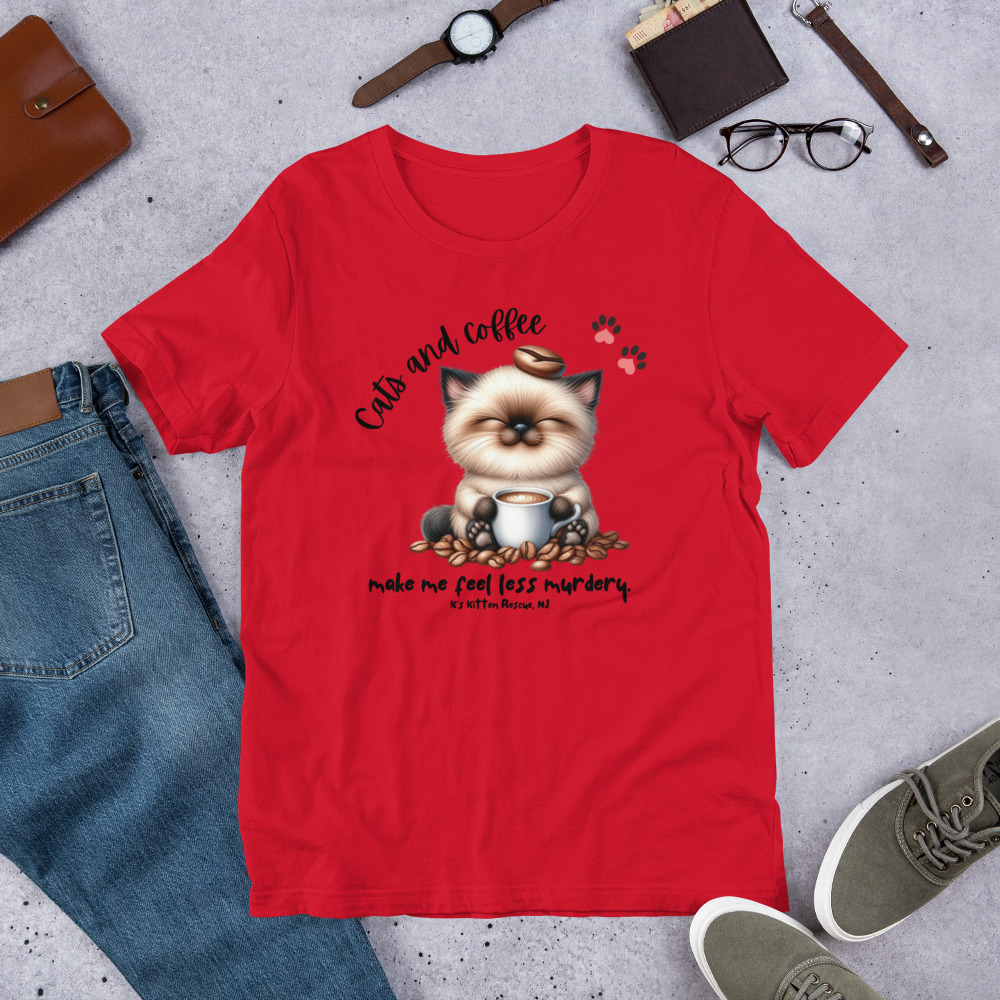 unisex-staple-t-shirt-red-front-67c146784dfee.jpg Cats And Coffee Unisex t-shirt - Image 2
