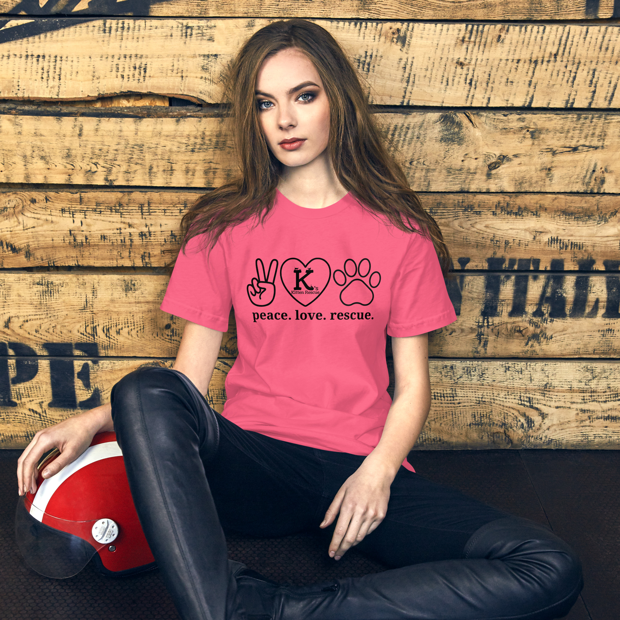 unisex-staple-t-shirt-charity-pink-front-67e978c72f78f.jpg Peace Love Rescue Unisex t-shirt